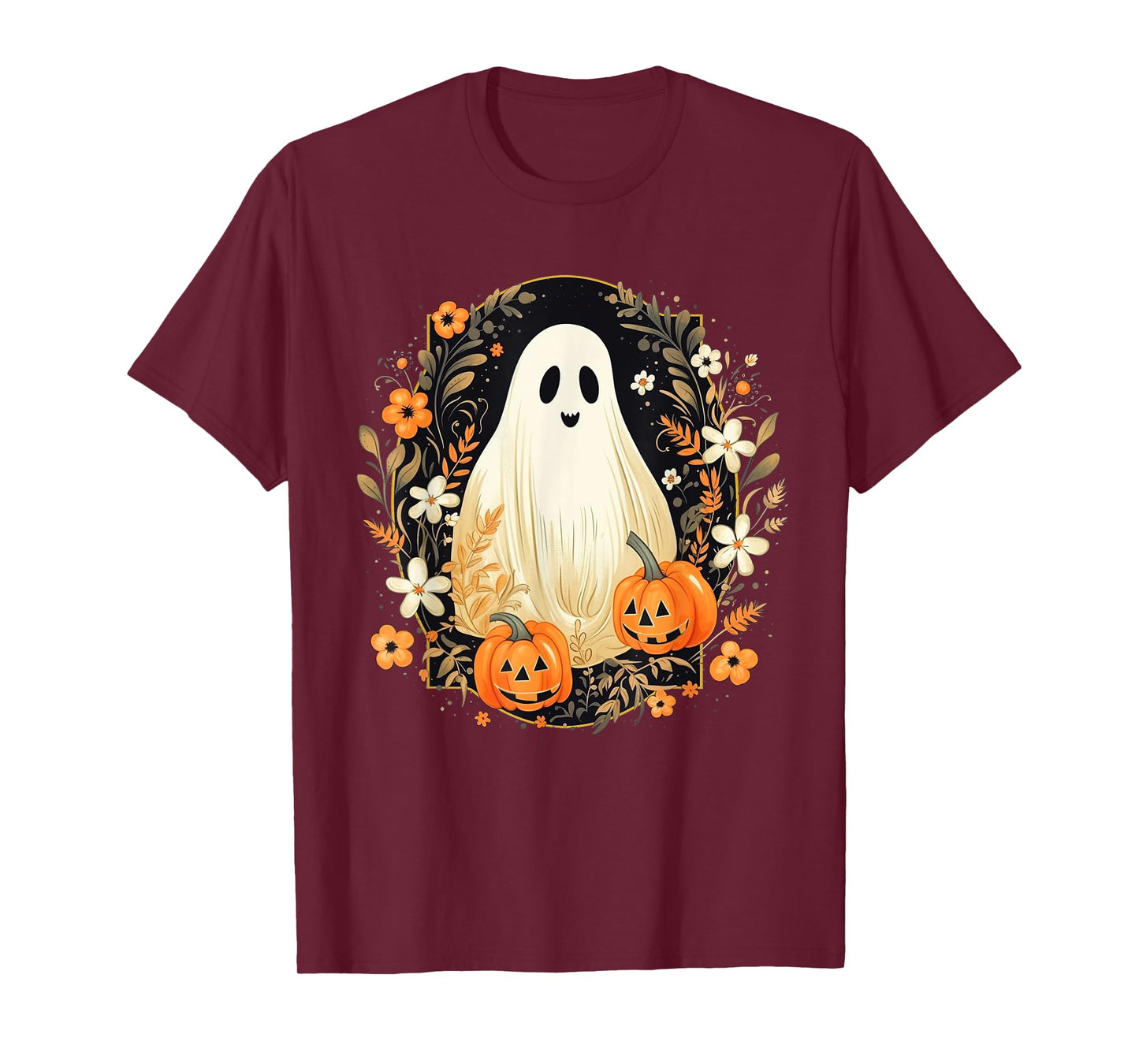 Vintage Floral Ghost Halloween Ghost Pumpkin Jack-o-Lantern T-Shirt