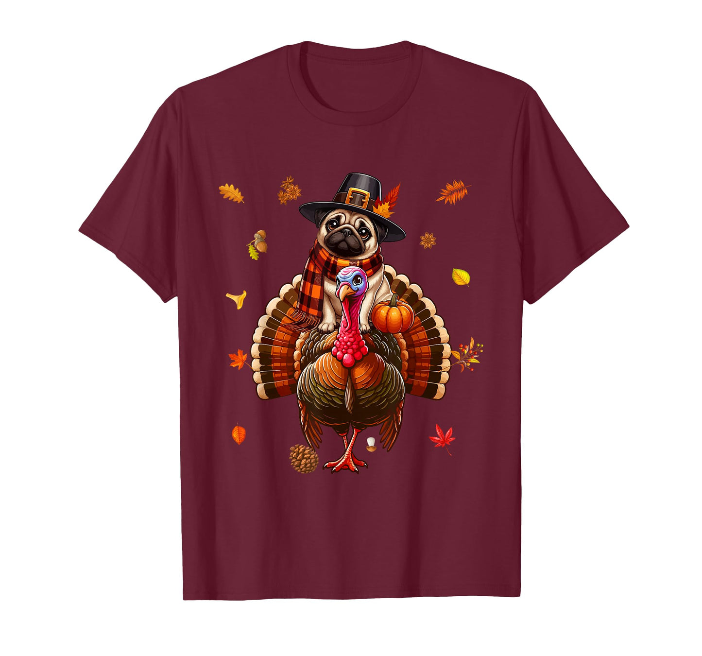Pug Riding Turkey Thanksgiving Fall Leaves Owner Kids T-Shirt