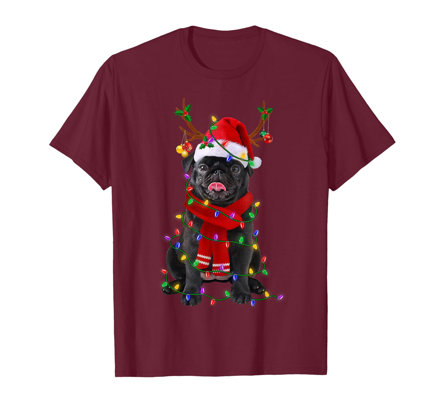 Black Pug Dog Tree Christmas Lights Xmas Pajama Men Women Kids T-Shirt