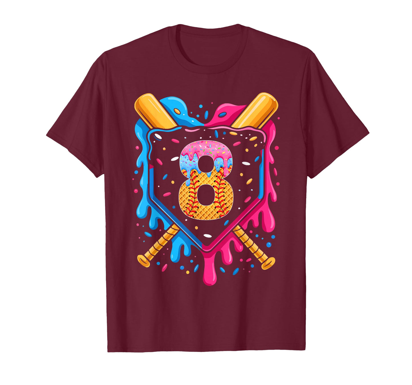 Baseball 8 Year Old 8th Birthday Ice Cream Baseball Drip T-Shirt