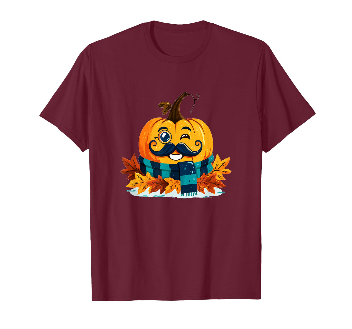 Funny Fall Pumpkin with Beard and Autumn Leaves T-Shirt