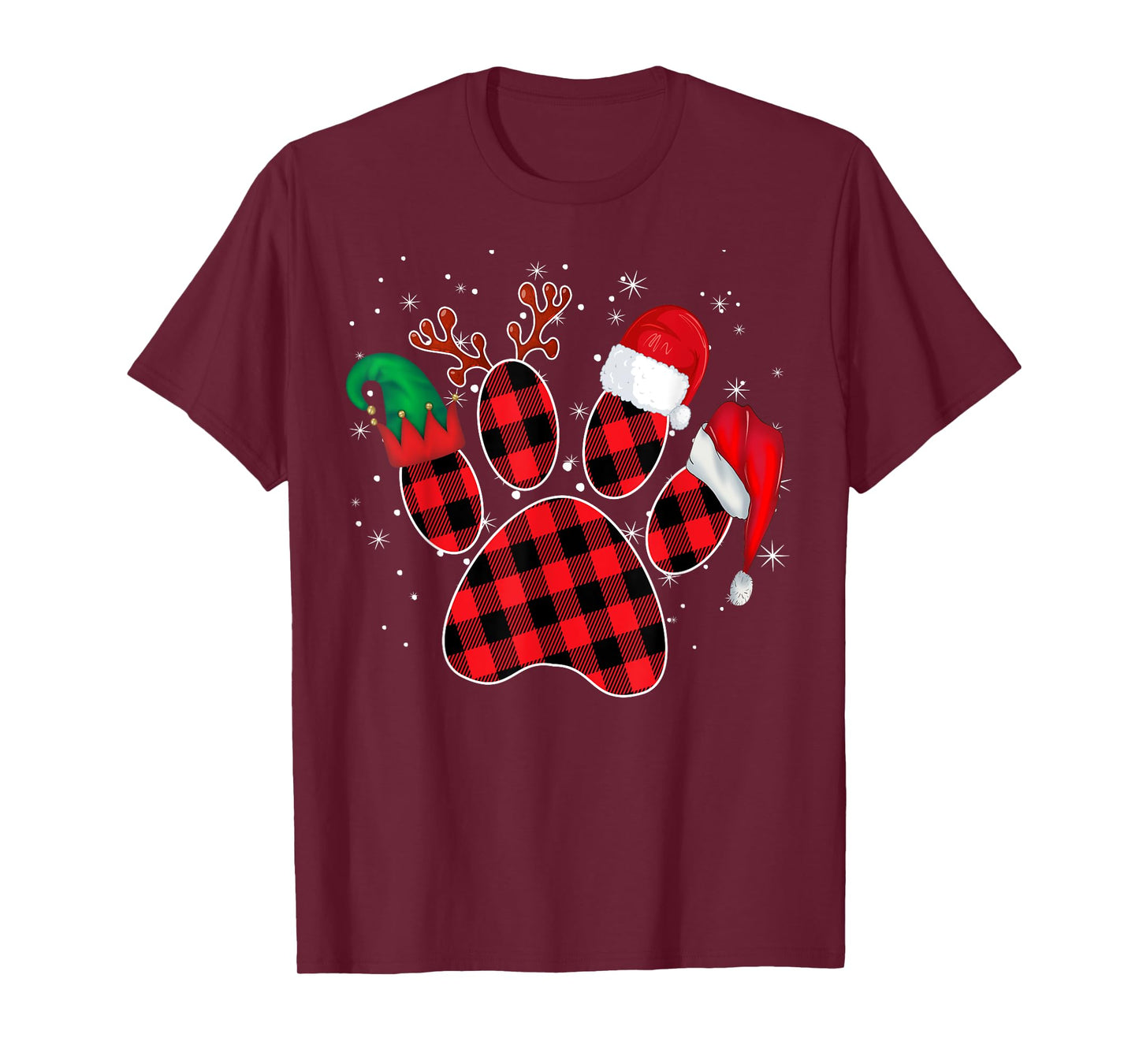 Dog Paws Christmas Buffalo Plaid Paw Santa Elf Reindeer Fun T-Shirt for Men Women Kids