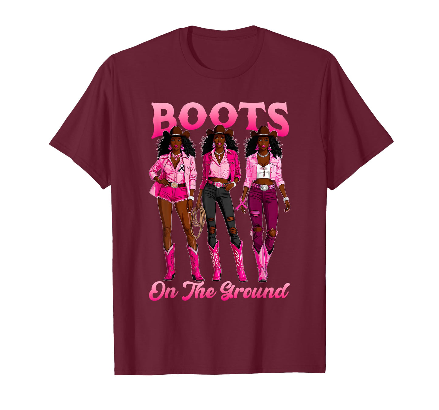 Boots On The Ground Pink Cowgirl Breast Cancer Western Women T-Shirt