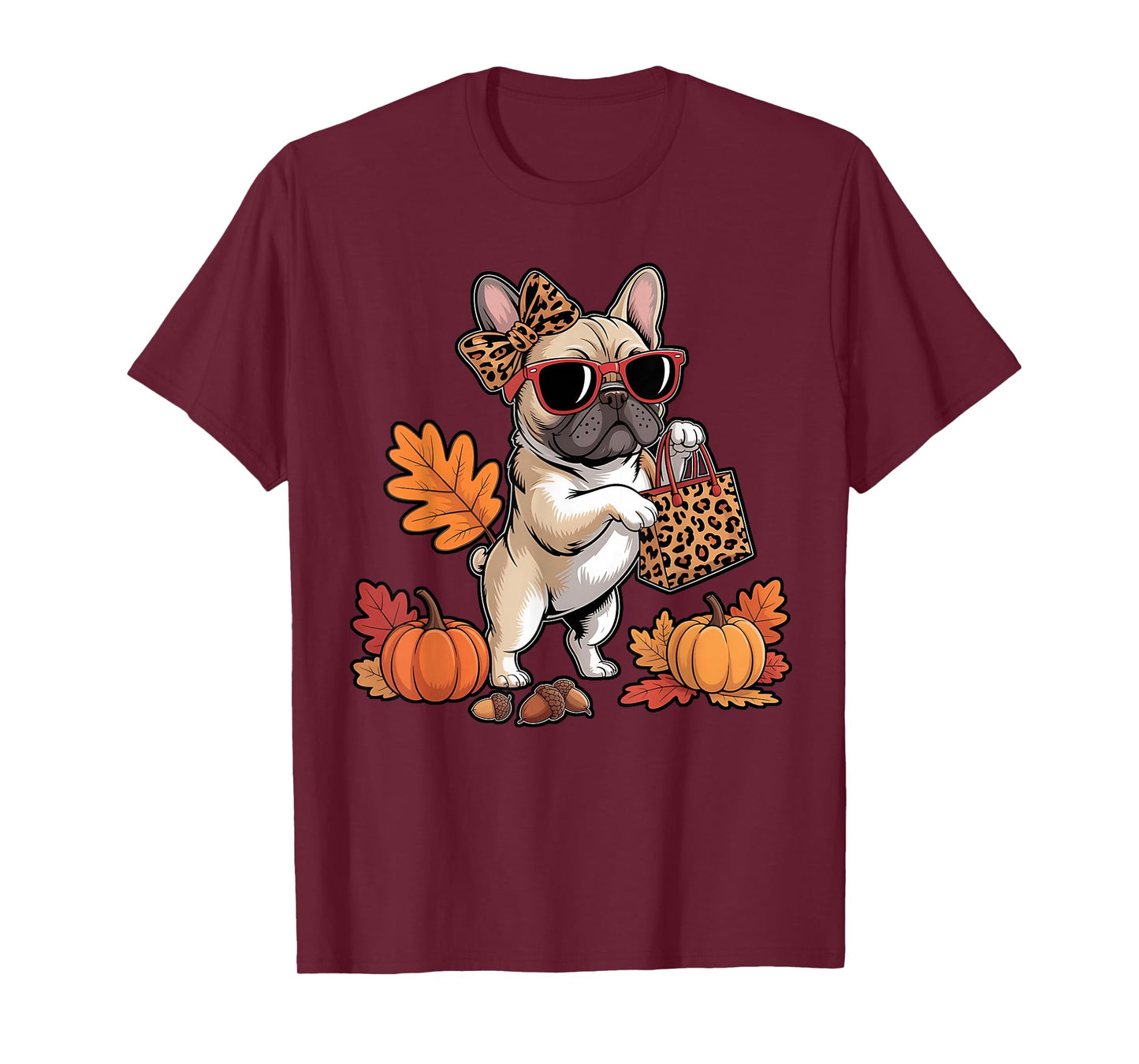 French Bulldog with Sunglasses Bow Leopard Thanksgiving T-Shirt