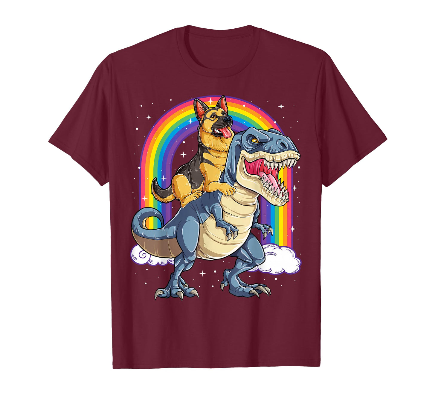 German Shepherd Riding Dinosaur T-rex Gift Boys Kids Rainbow T-Shirt