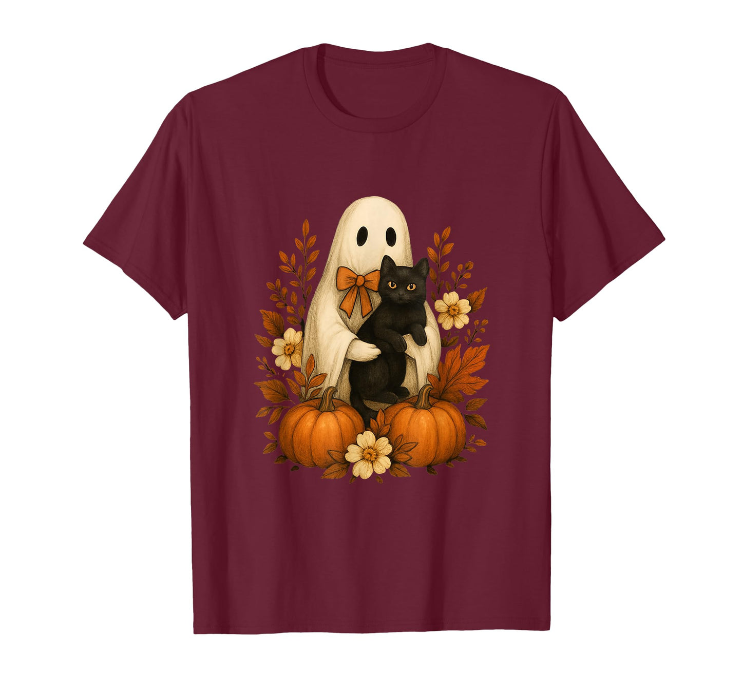 Cute Ghost Holding Black Cat Pumpkins Autumn Halloween T-Shirt
