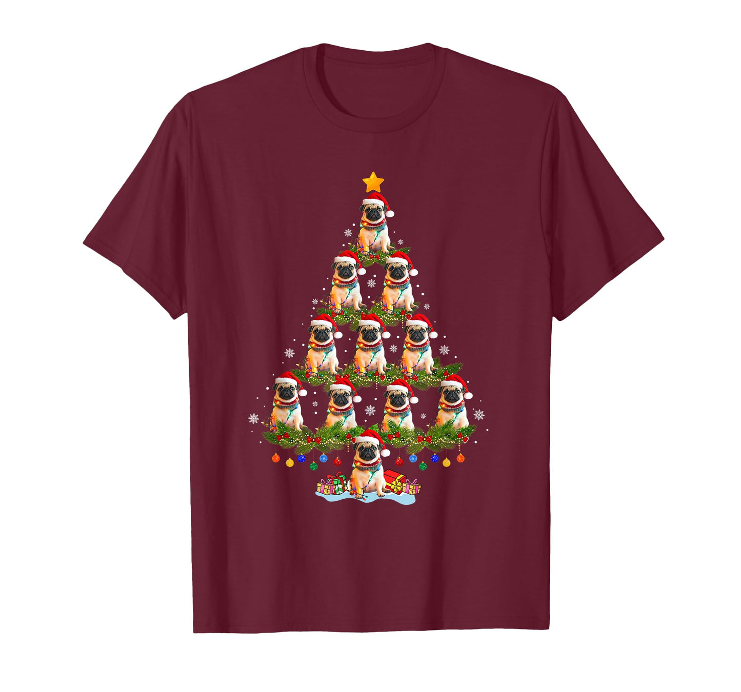Funny Christmas Pug Dog Santa Hat Christmas Tree Lights T-Shirt