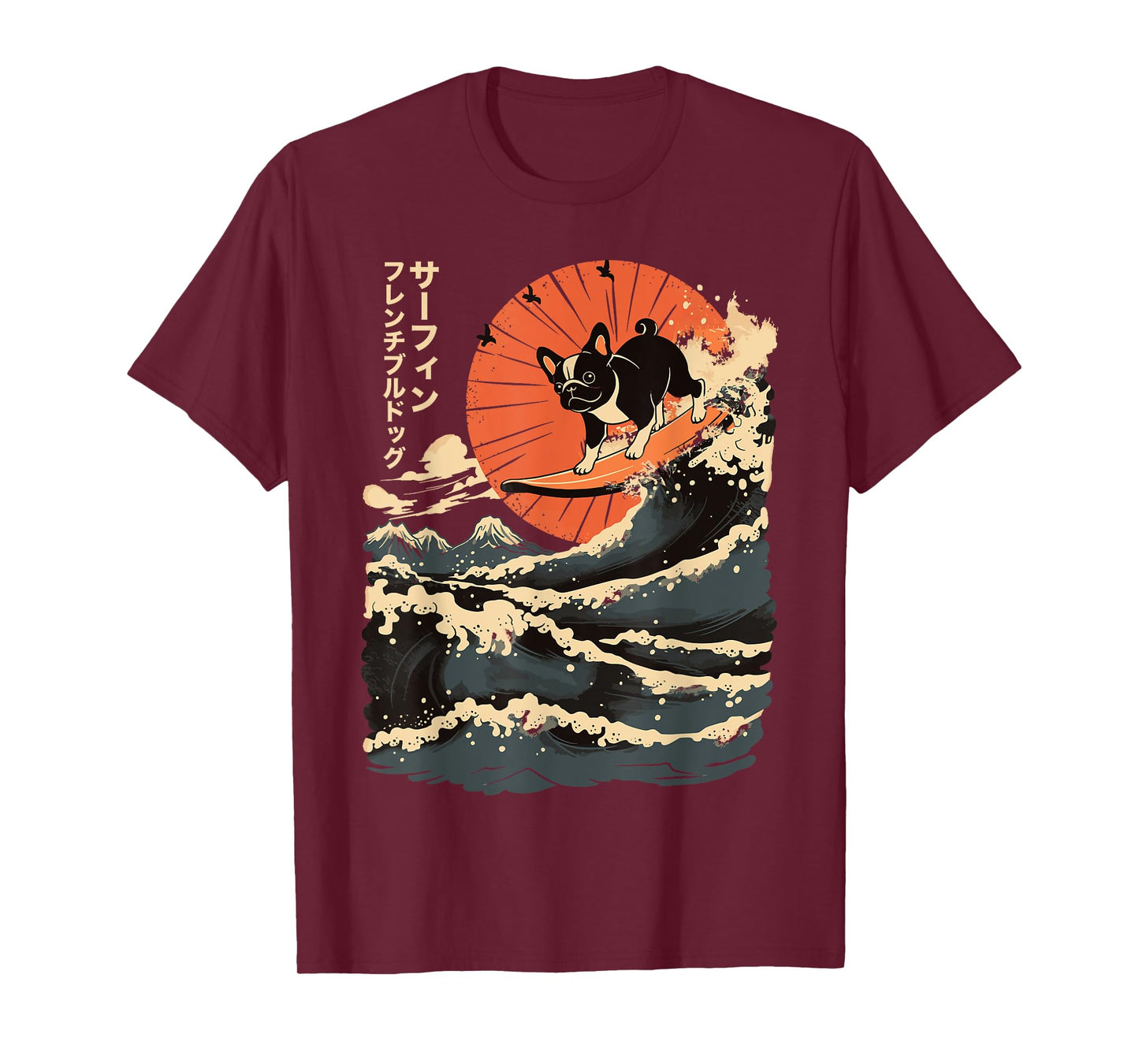 French Bulldog Surfing Japanese Men Women Girls Kids T-Shirt