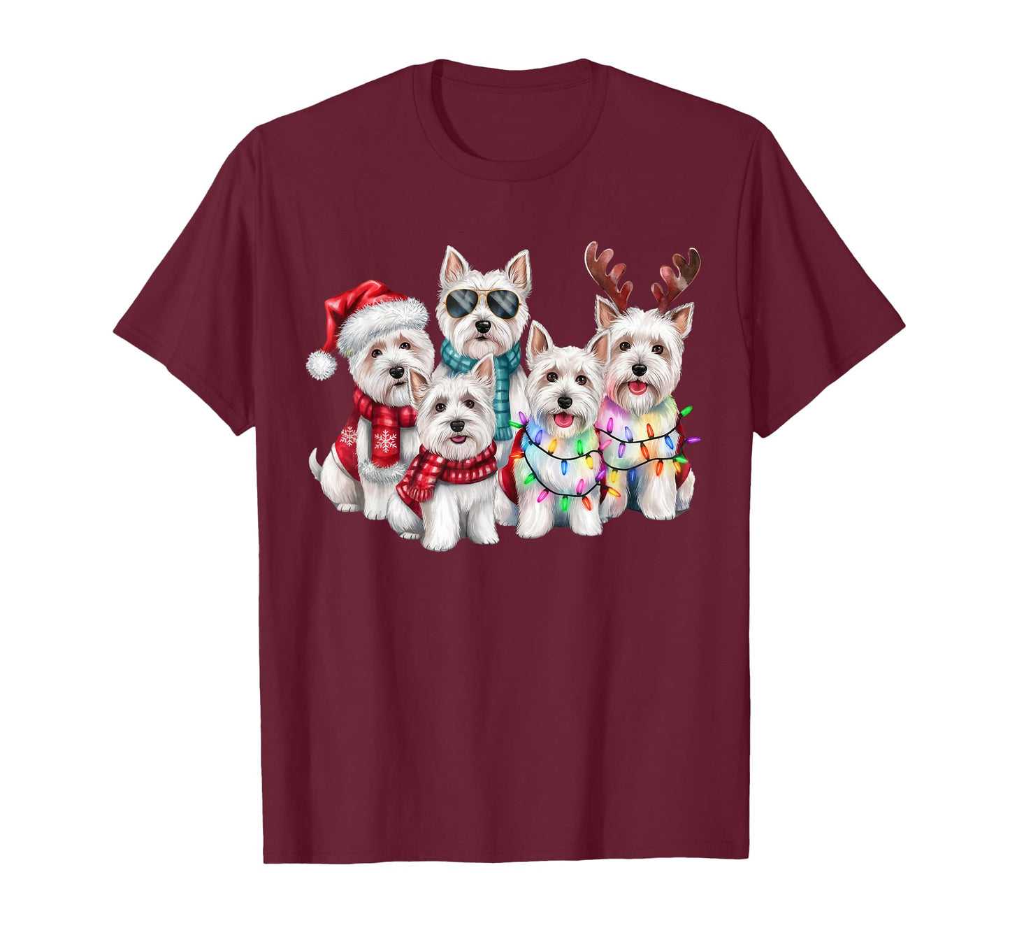 Westie Reindeer Christmas Lights Dog Lover Xmas Pajama Men Women T-Shirt