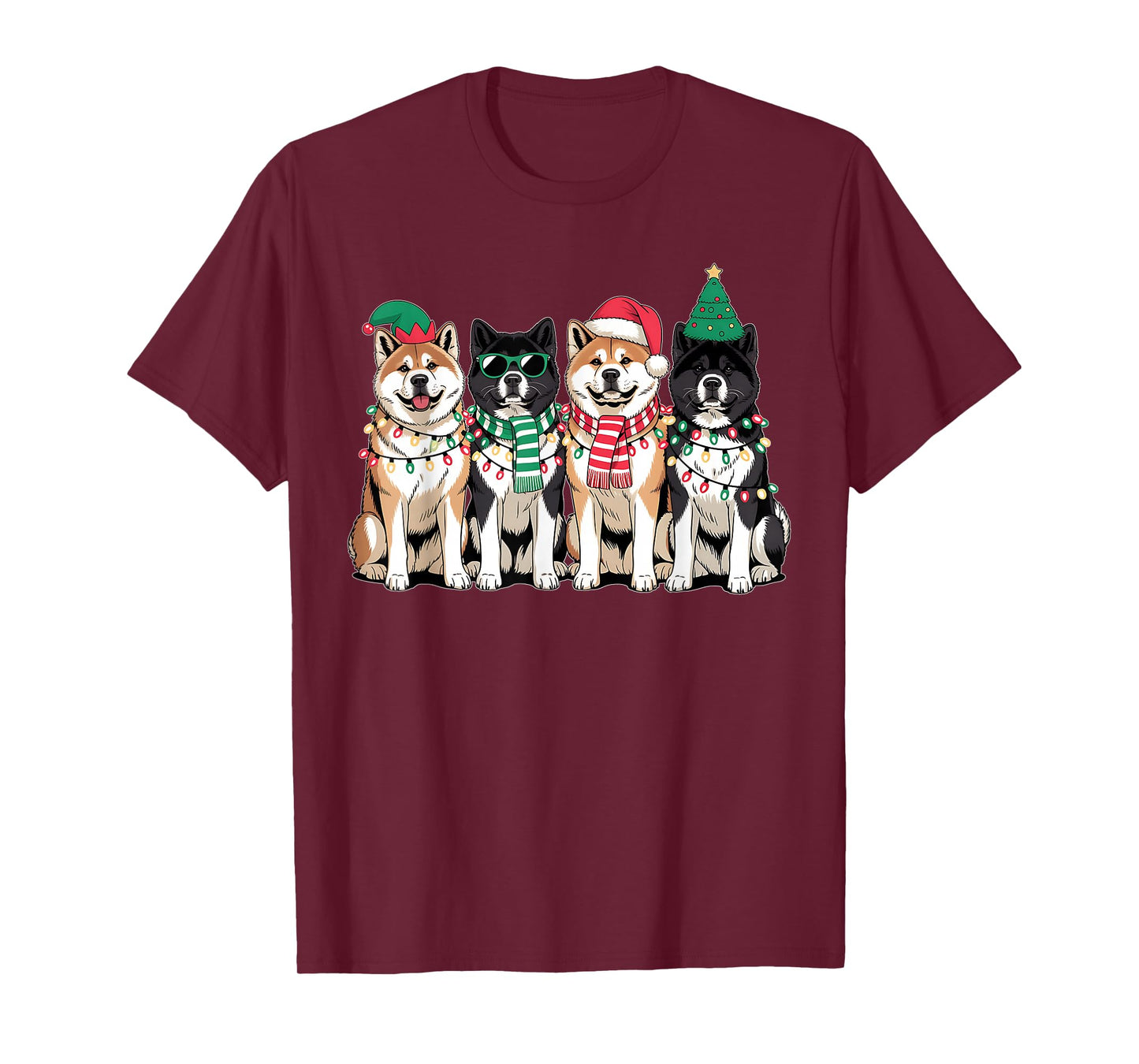 Four Akitas Dogs Christmas Funny Santa Reindeer Xmas T-Shirt