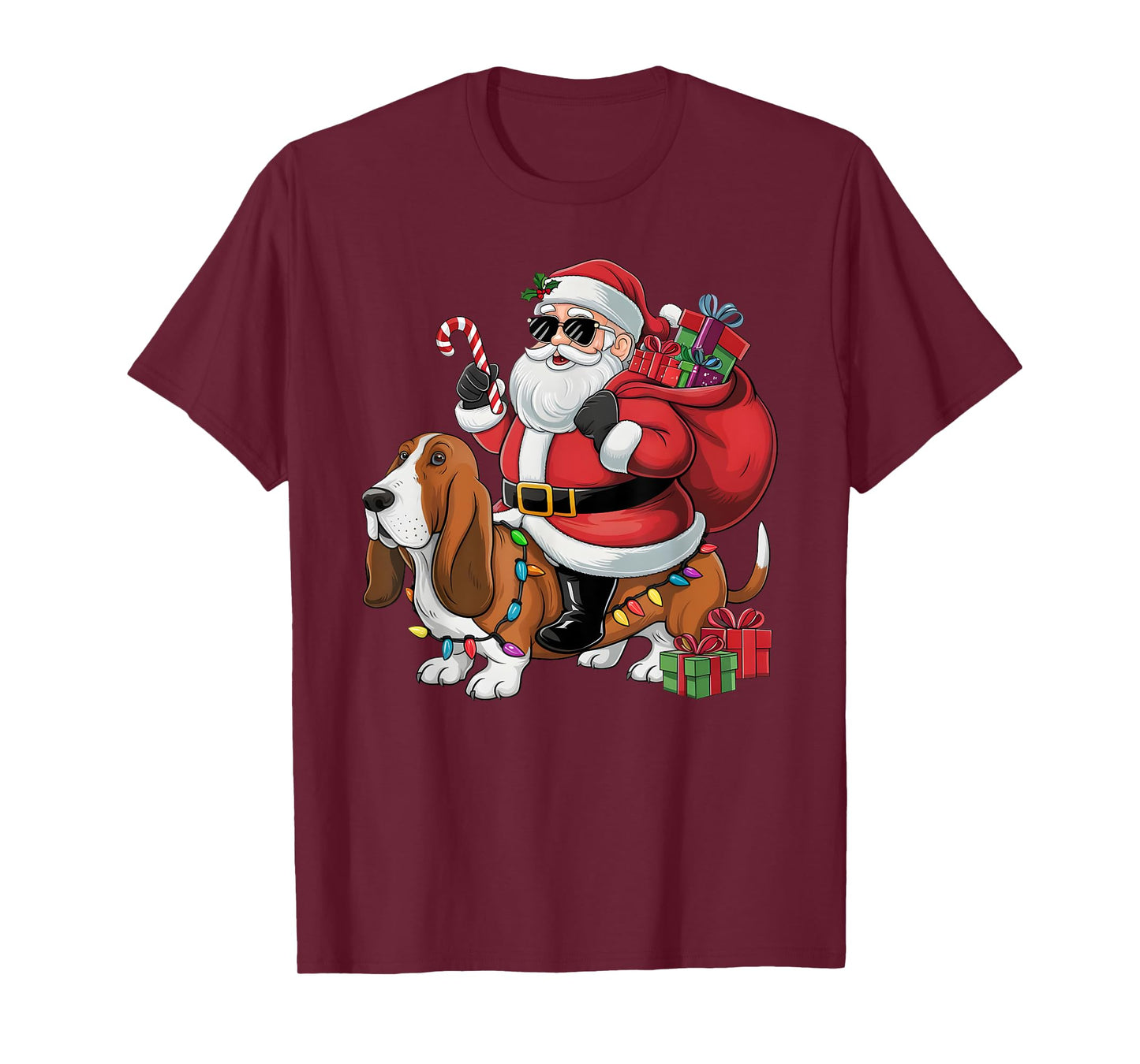 Xmas Lighting Funny Santa Riding Basset Hound Dog Christmas Men Women Kids T-Shirt