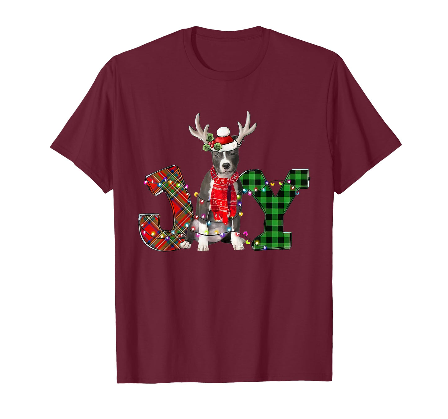 Joy Christmas Lights Blue Nose Pitbull Dog Santa Hat Pajama Men Women Kids T-Shirt