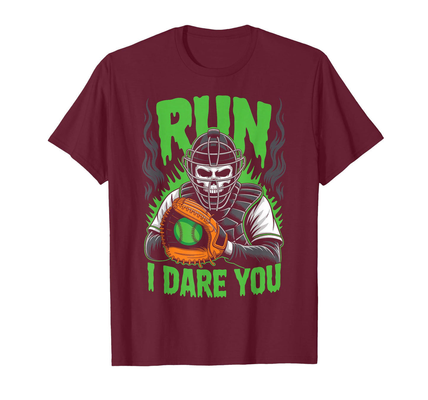Run I Dare You Scary Baseball Catcher Creepy Skull T-Shirt