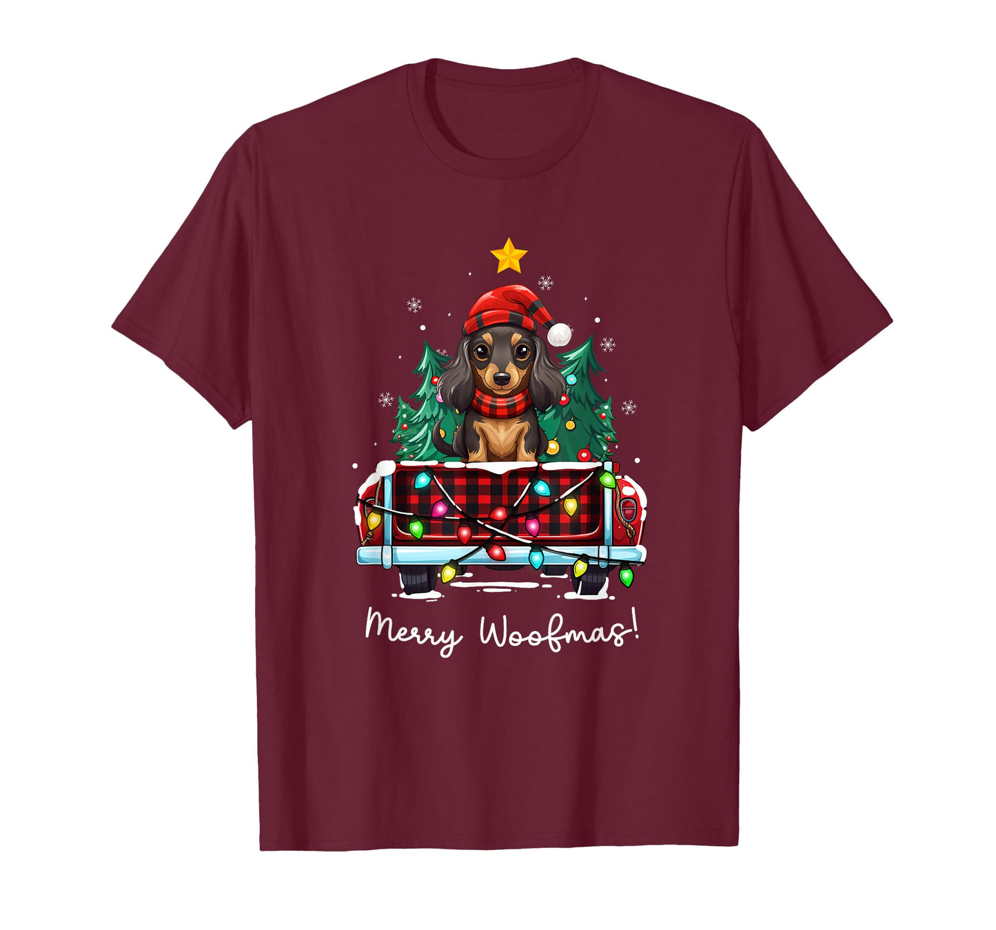 Long Haired Dachshund Christmas Dog Truck Plaid Funny Xmas Men Women Kids T-Shirt