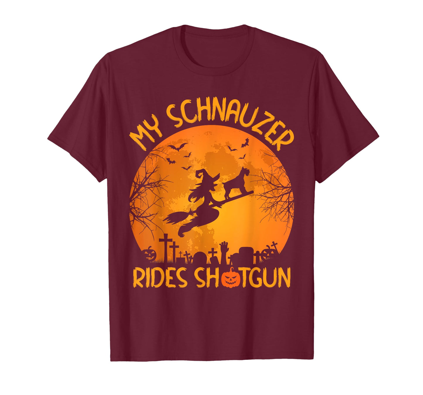 Funny My Schnauzer Rides Shotgun Witch Halloween T-Shirt