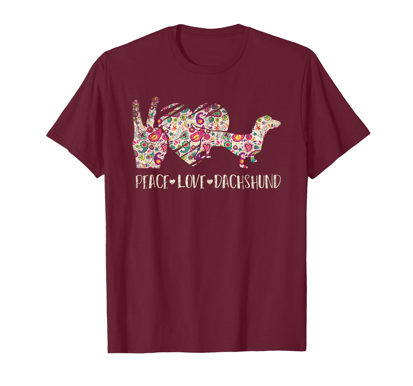 Hippie Dog Lover Gift Wiener Animal Peace Love Dachshund Men Women Kids T-Shirt