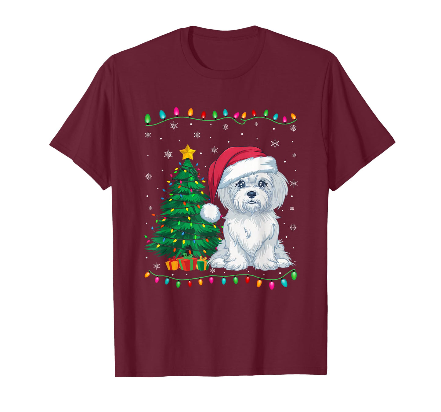 Maltese Dog Santa Hat Men Women Kids Christmas Tree Lights T-Shirt