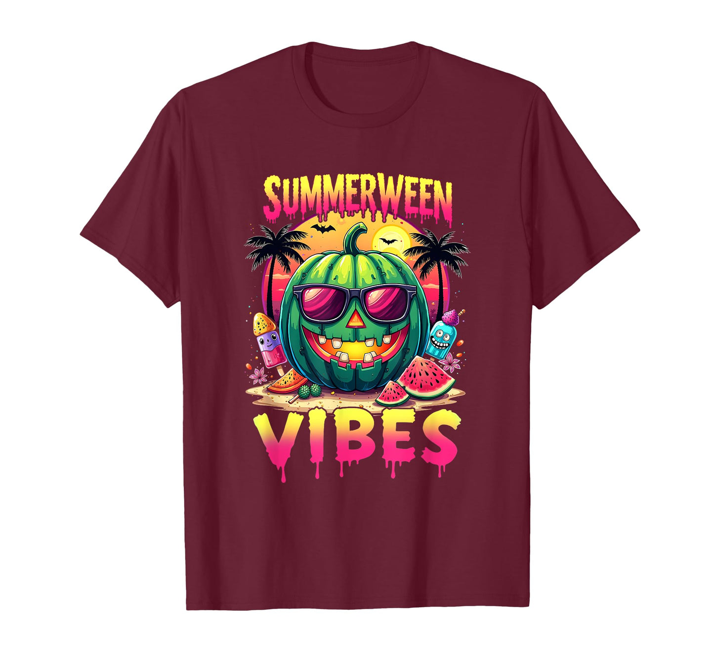 Skeleton Summer Summerween Vibes Watermelon Jack-O-Lantern T-Shirt