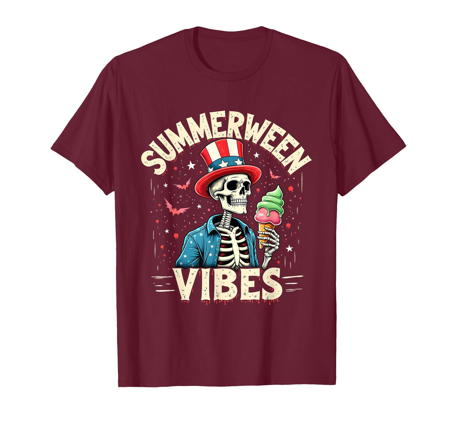 Summerween Skeleton Ice Cream Patriotic Creepy Fun T-Shirt