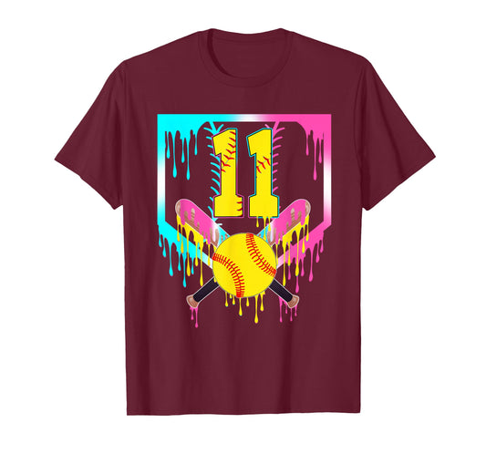 11th Bday Softball Home Plate Drip Ice Cream 11 Year Old T-Shirt