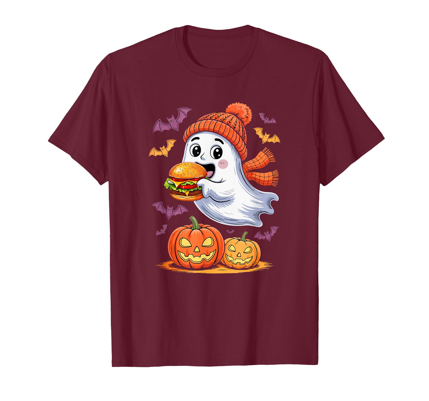 Cute Boo Ghost Eating Hamburger Halloween Food Lover Kids T-Shirt