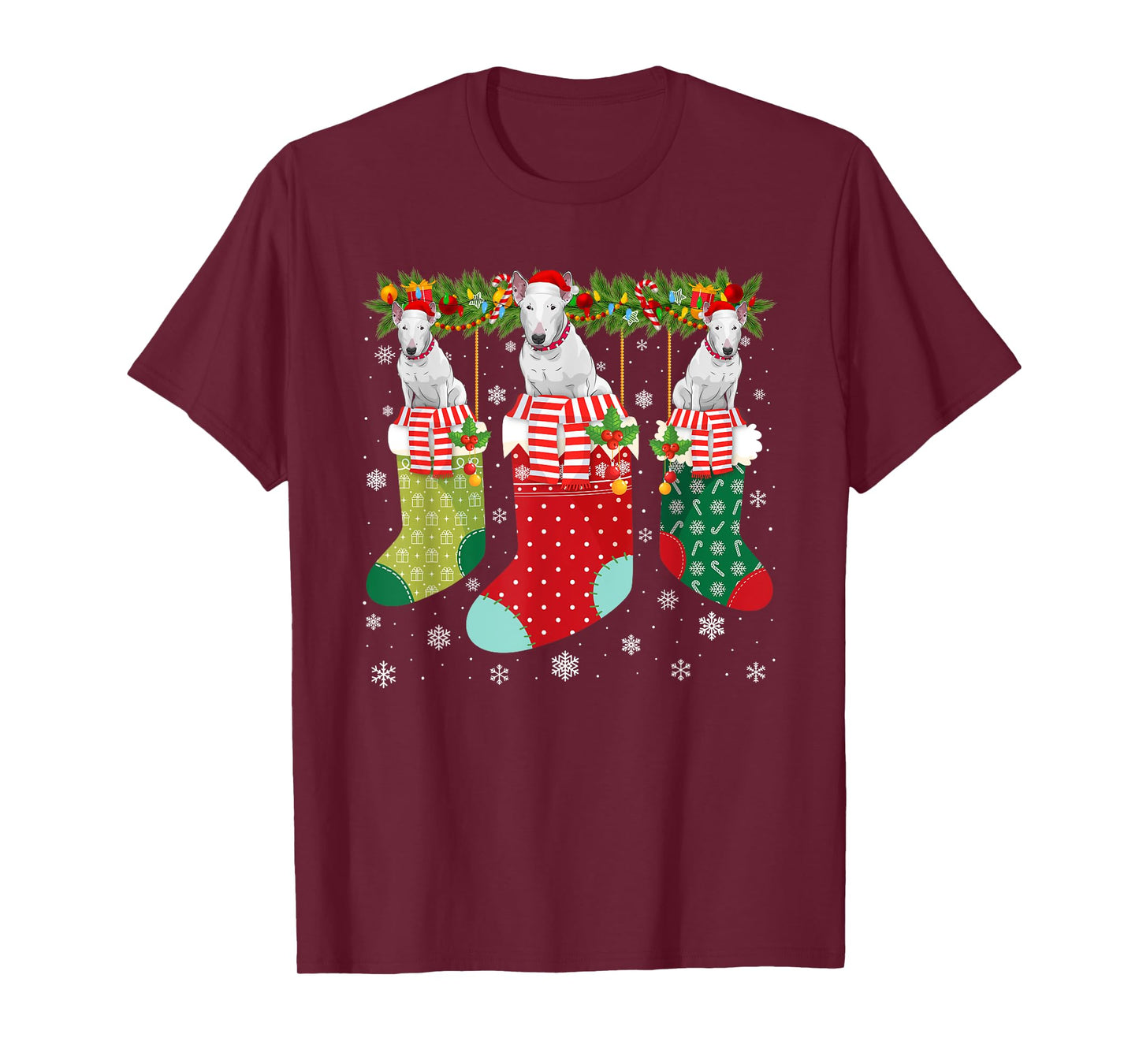 Three Bull Terrier Dog in Socks Ugly Christmas Sweater Party Men Women Kids T-Shirt