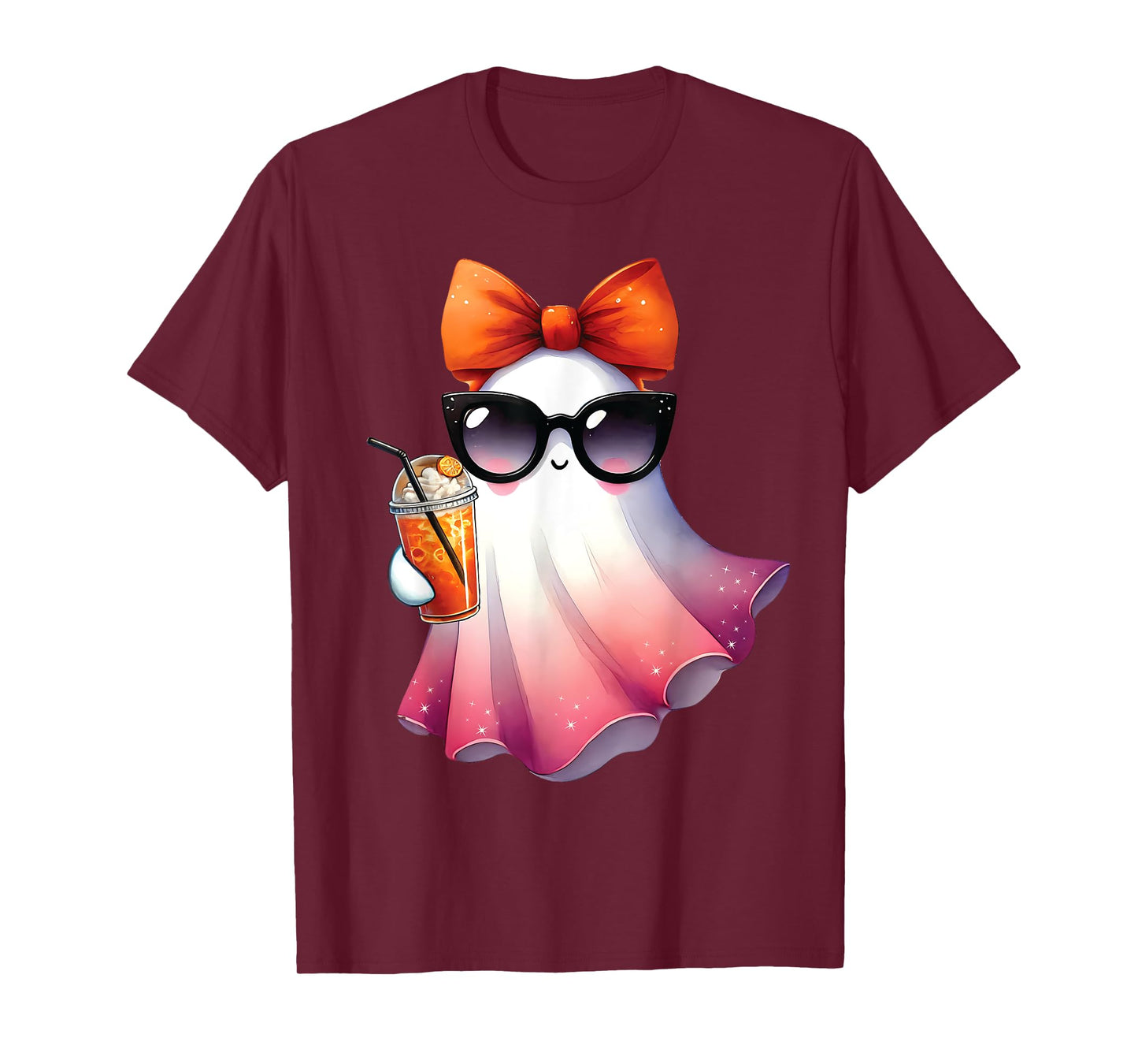 Cute Ghost Drinking Coffee With Halloween Bow Womens Girls T-Shirt