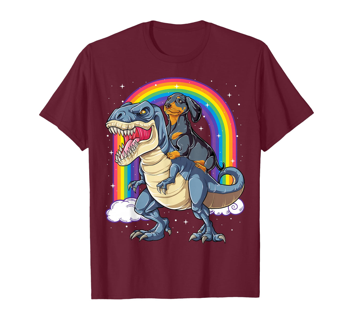 Dachshund Riding Dinosaur T-rex Gifts Boys Kids Men Rainbow T-Shirt
