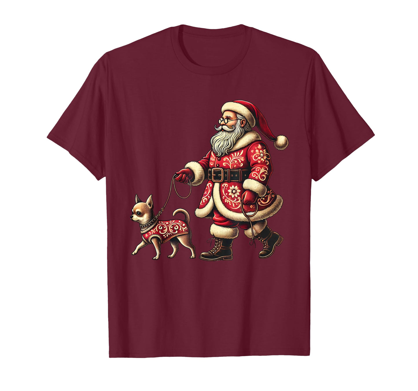 Santa Walking Chihuahua Christmas Dog Lover Xmas Men Women T-Shirt