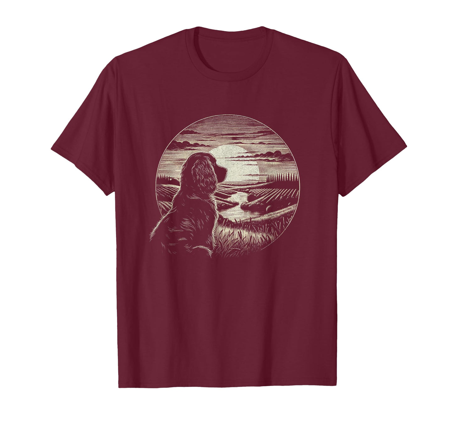 Vintage Boykin Spaniel Dog Retro Sunset Scene Art Design T-Shirt