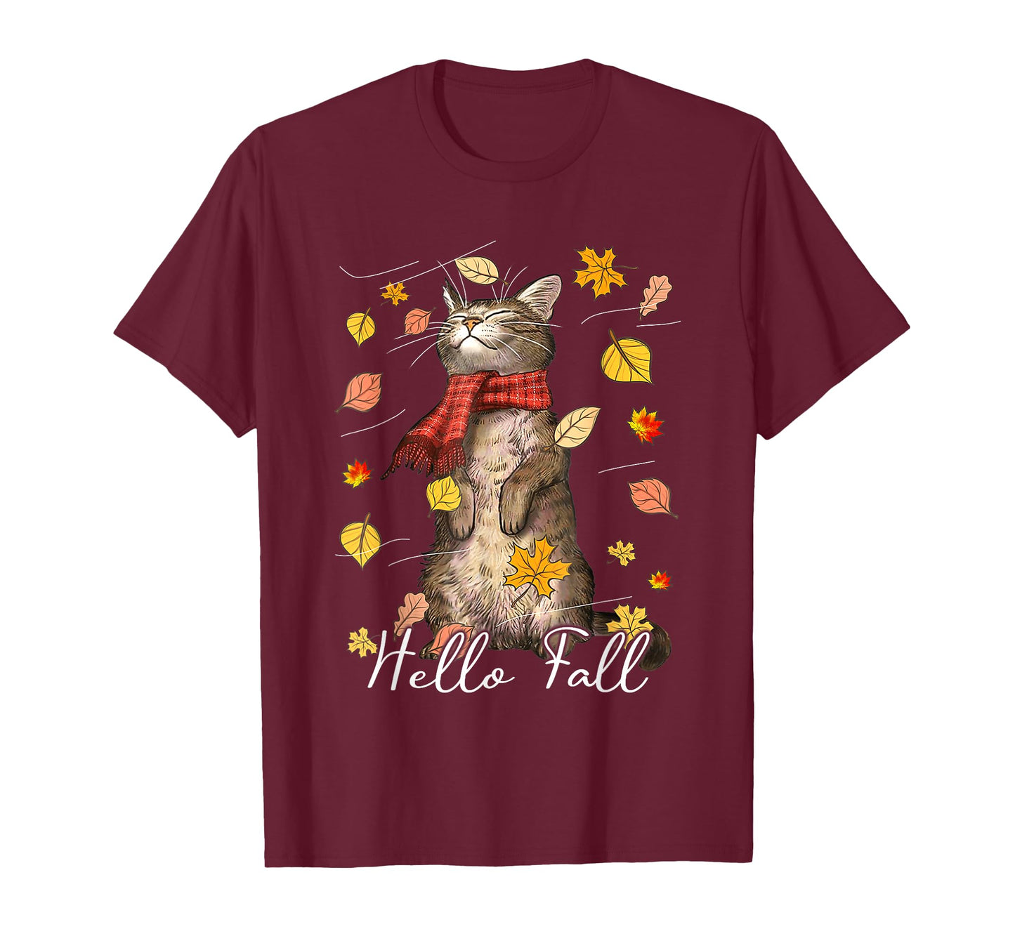 Hello Fall Cat Shirt Cat Autumn Leaves Kitten Lover Men Women Kids T-Shirt