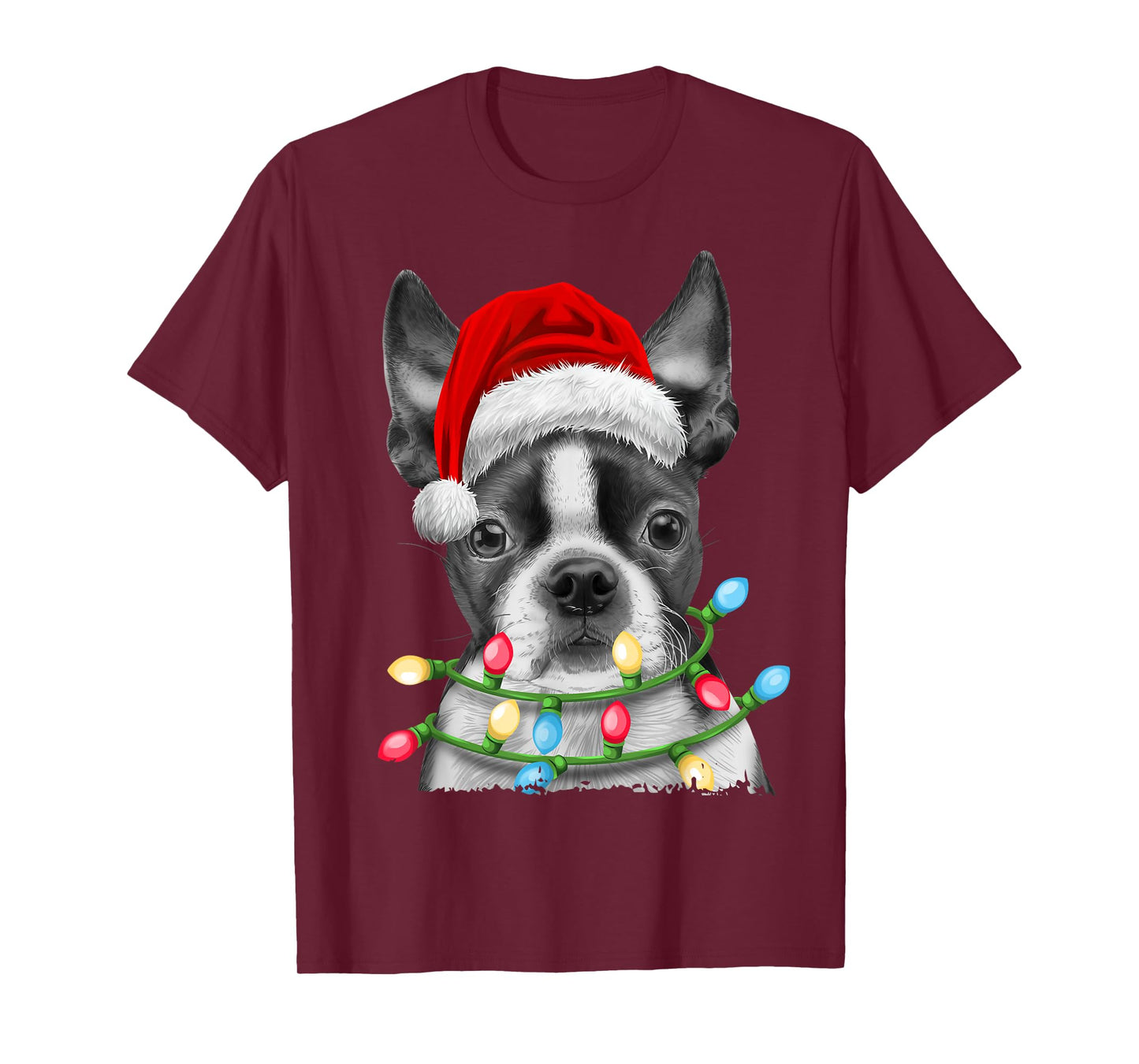 Boston Terrier Santa Christmas Tree Lights Xmas Boys Men Dog T-Shirt