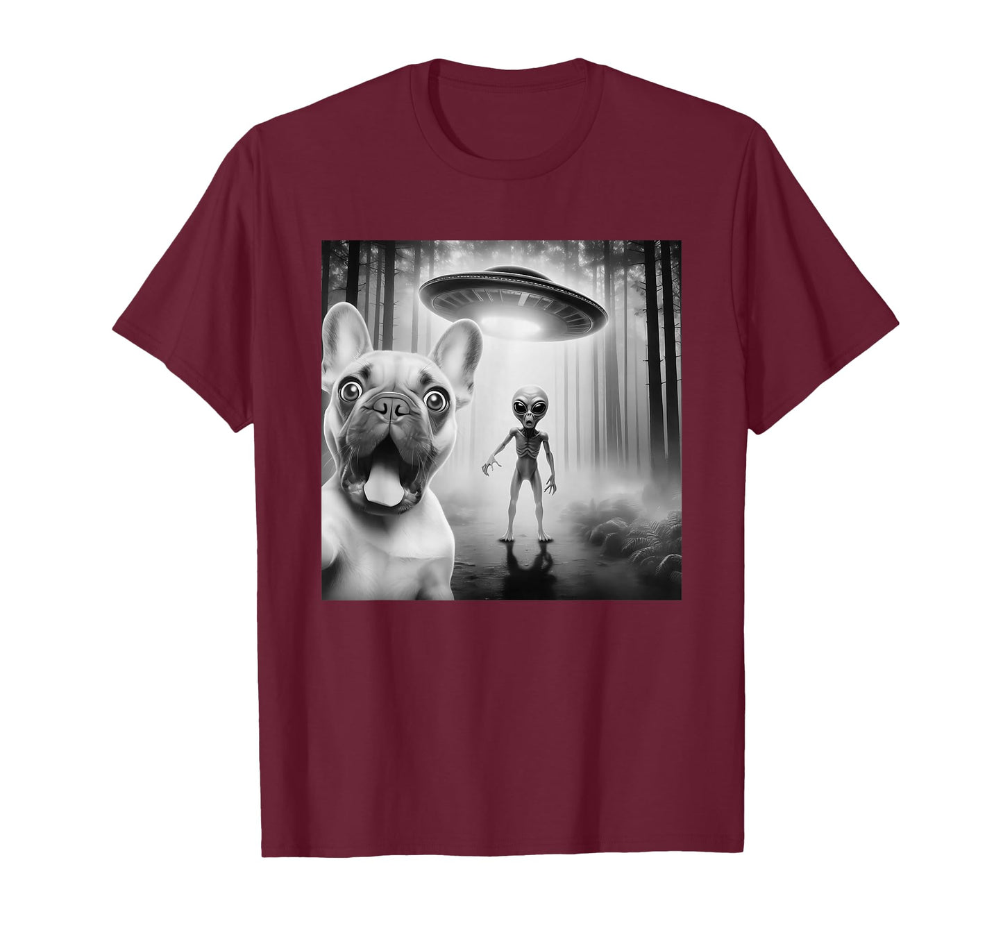 Funny French Bulldog Surprised Selfie with Alien UFO T-Shirt