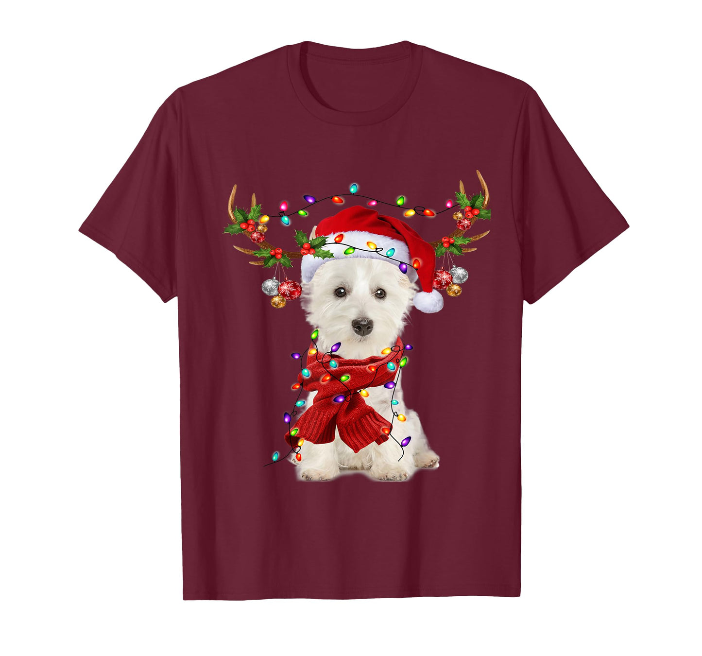Santa Westie Dog Reindeer Christmas Lights Men Women Kids T-Shirt