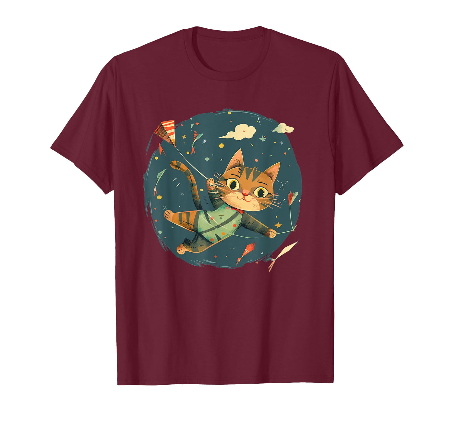 Cheerful Cat Flies Kites Emblem for a Playful Windy Touch T-Shirt