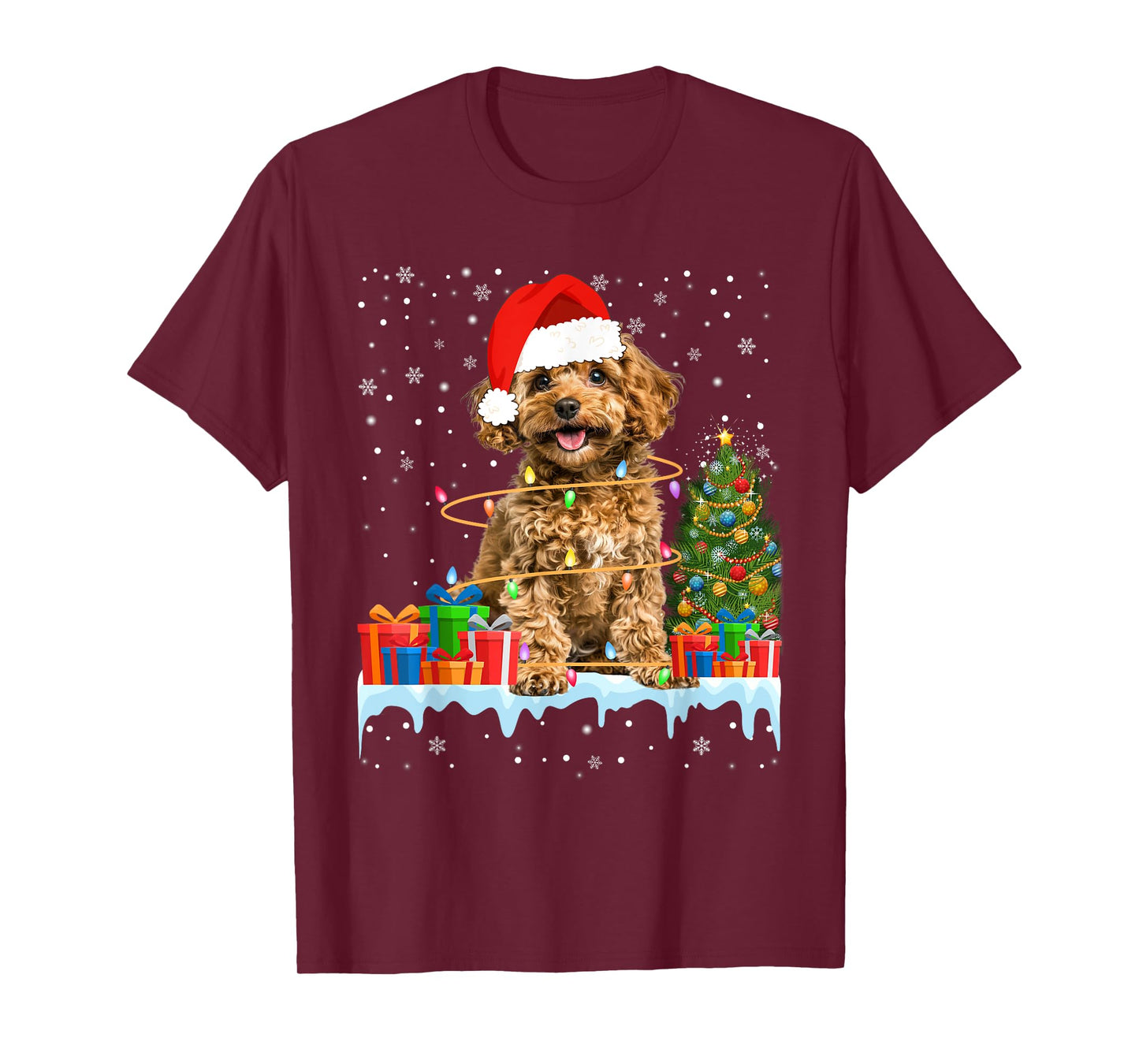 Funny Santa Poodle Dog Christmas Lights Xmas Pajamas T-Shirt