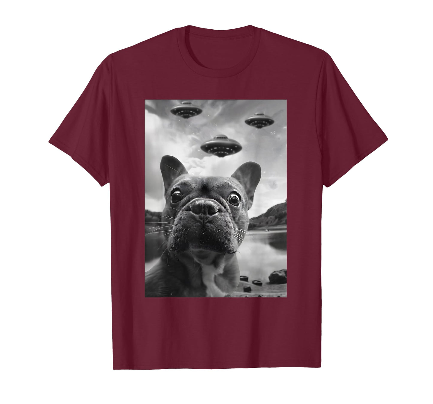 Funny French Bulldog Selfie with UFOs Weird Puppy Dog T-Shirt