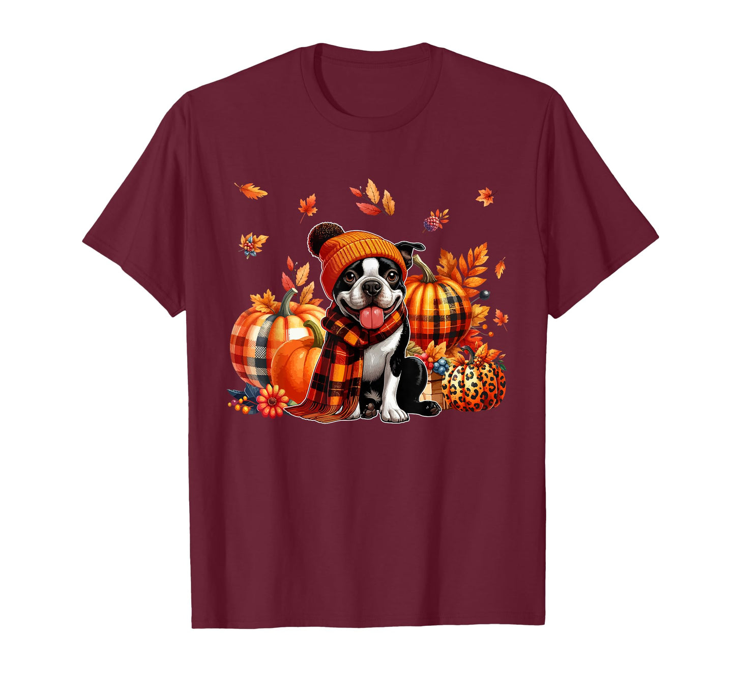 Boston Terrier Thanksgiving Leopard Pumpkins Fall Leaves T-Shirt