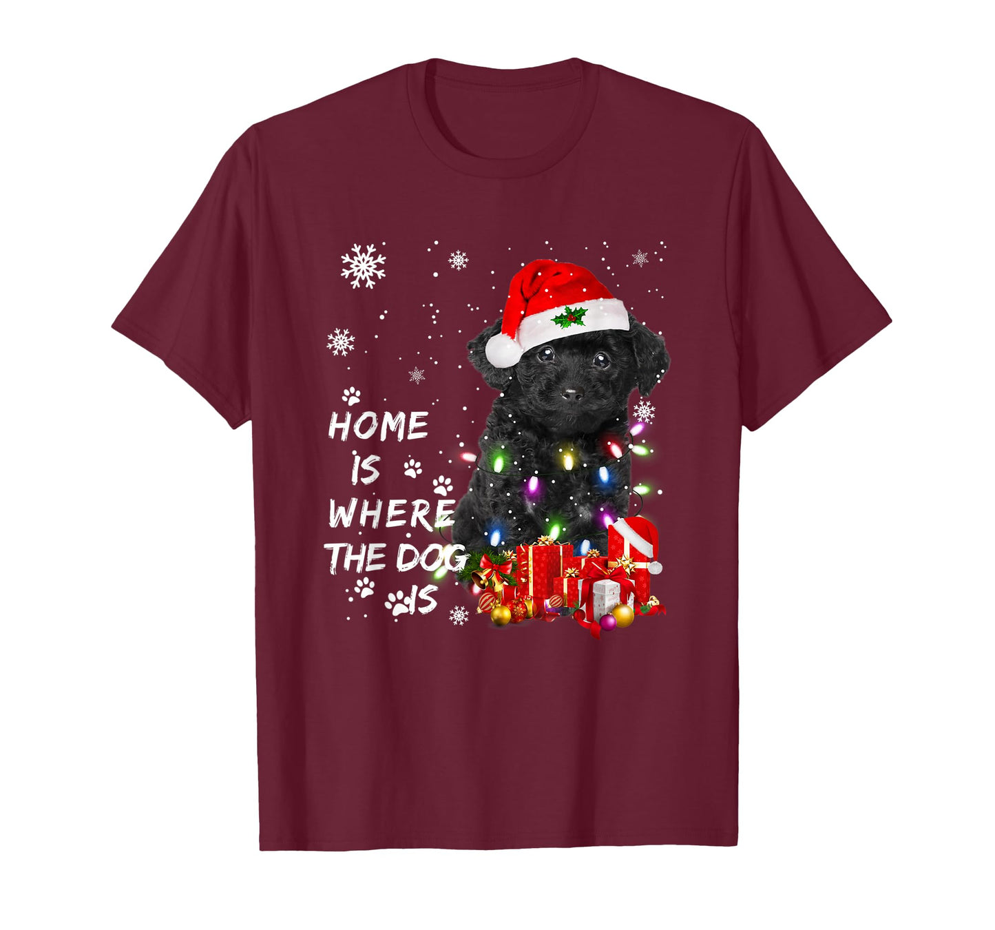 Black Poodle dog Santa Christmas Tree Lights Xmas Boys Dog T-Shirt