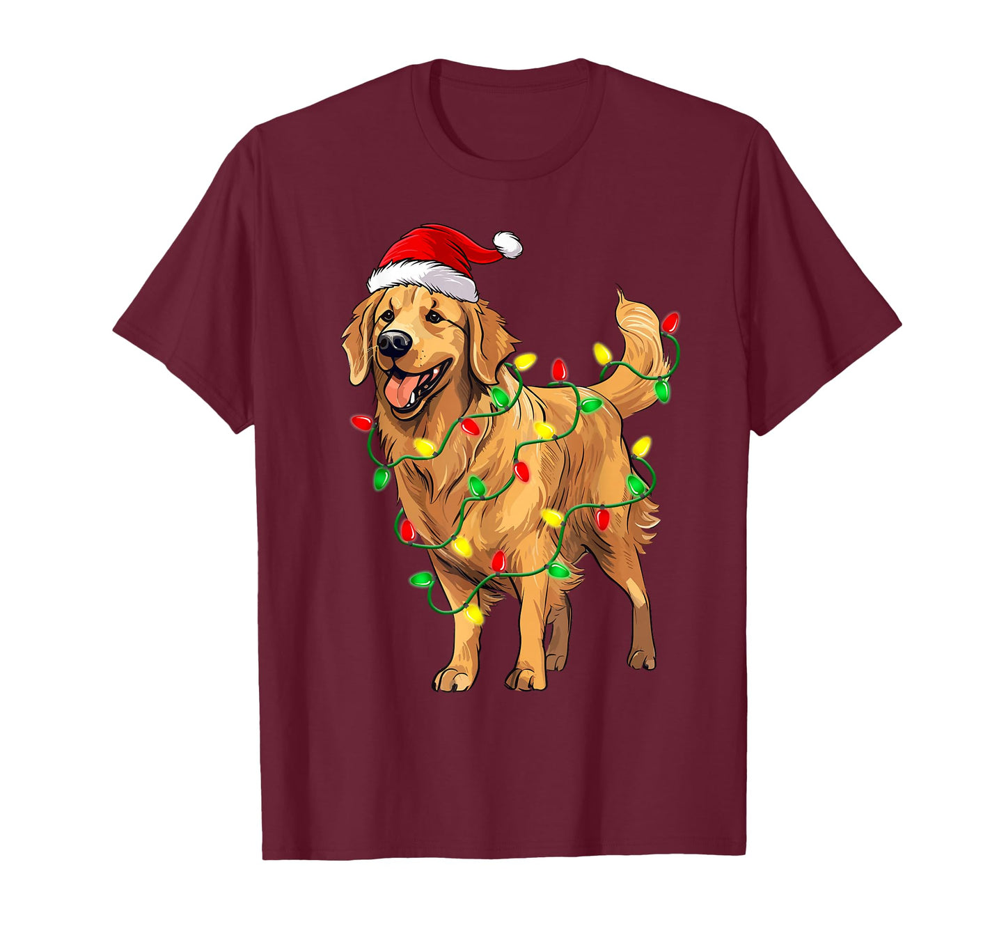 Golden Retriever Christmas Santa Hat Tree Lights Pajama T-Shirt
