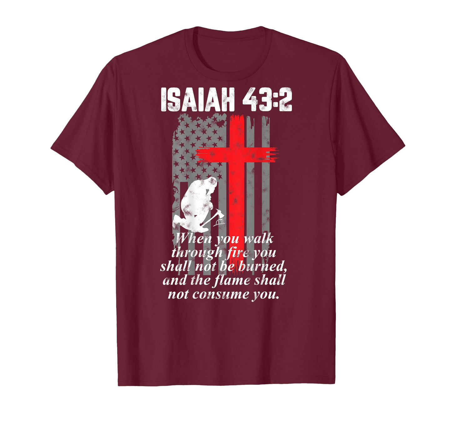 Thin Red Line Firefighter Cross Bible Verse American Flag T-Shirt Small