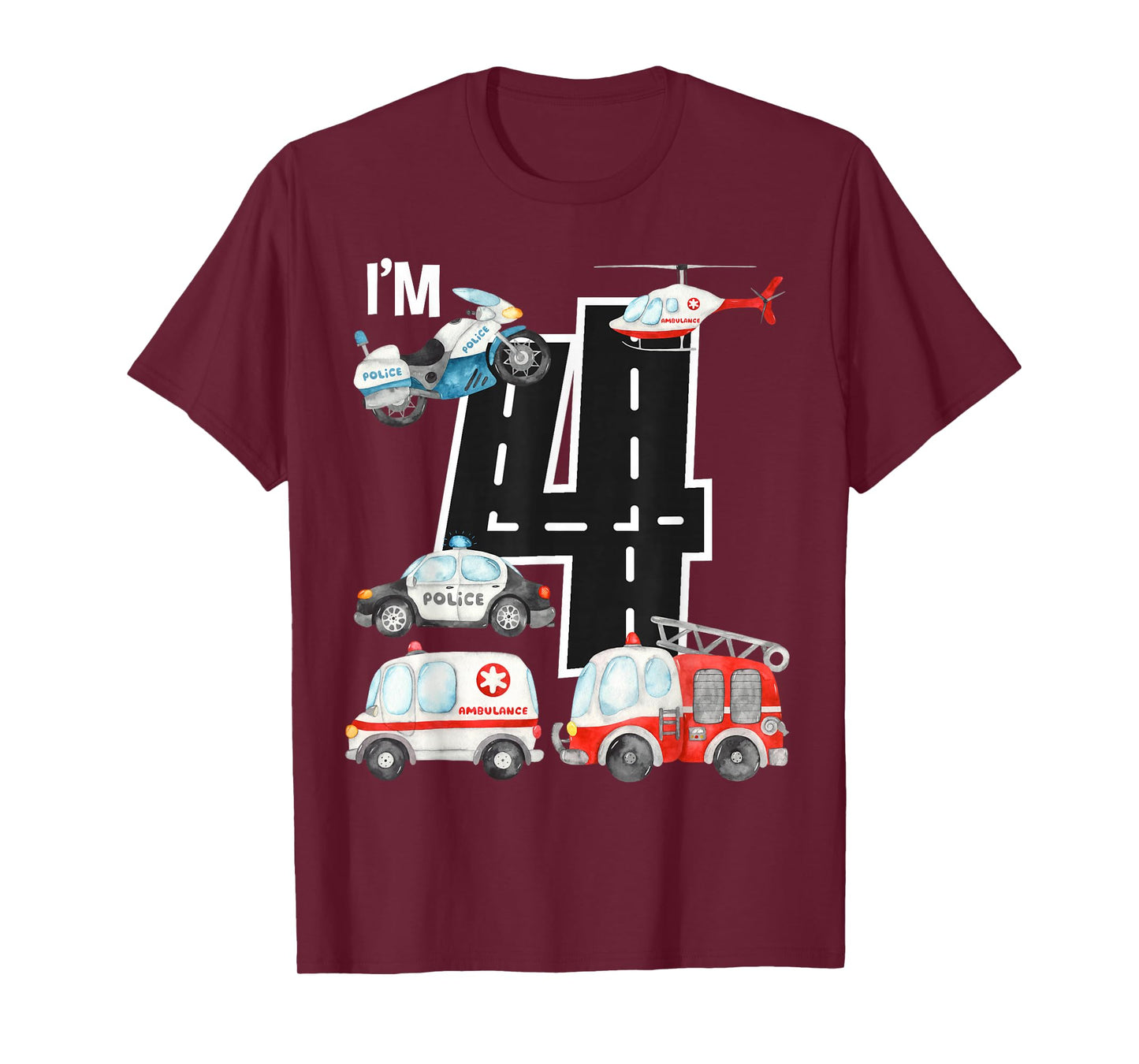 Emergency Vehicles 4th Birthday Fire Truck Police Car Boys T-Shirt