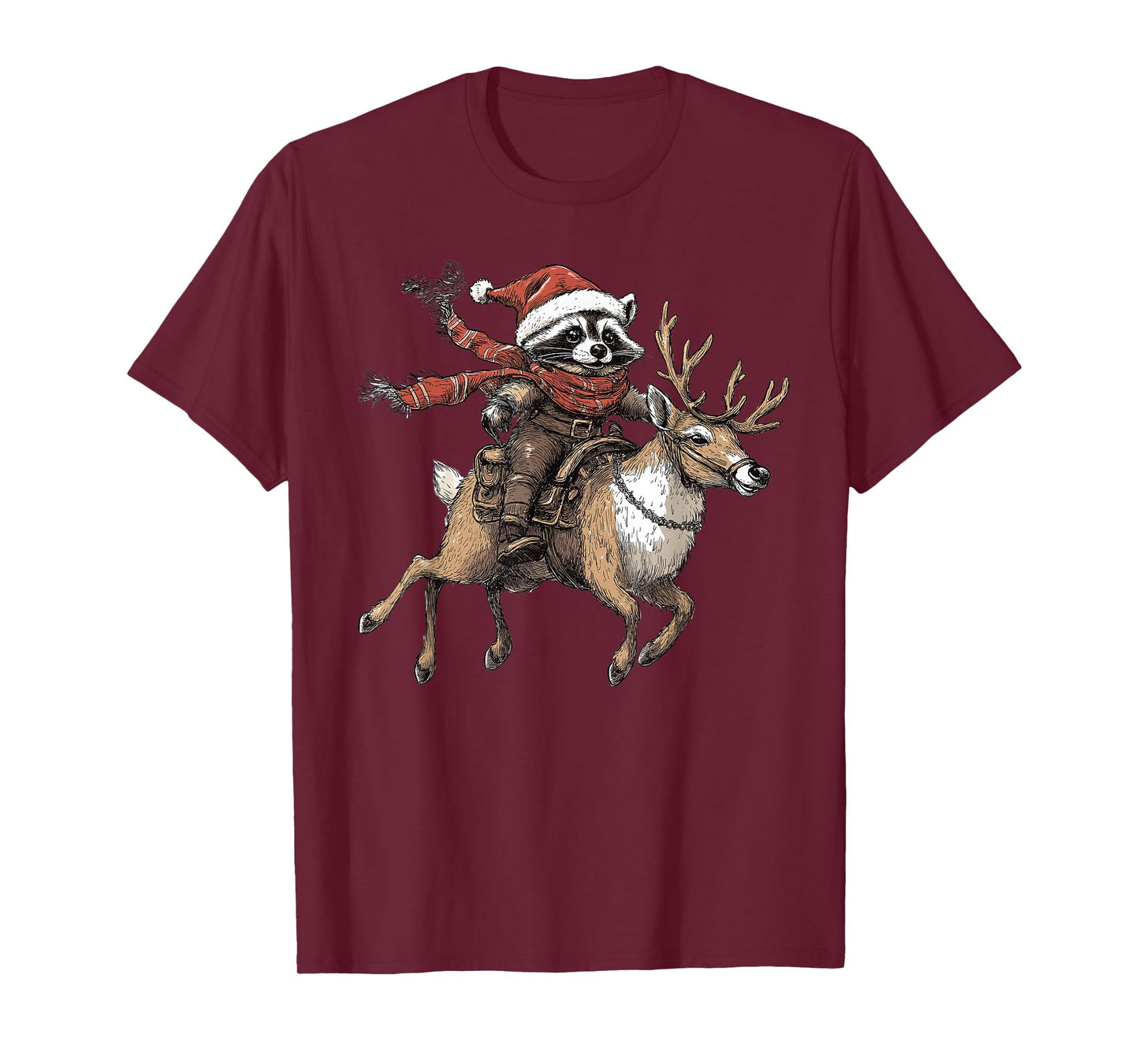 Funny Raccoon Riding Reindeer Cowboy Cowgirl Christmas T-Shirt