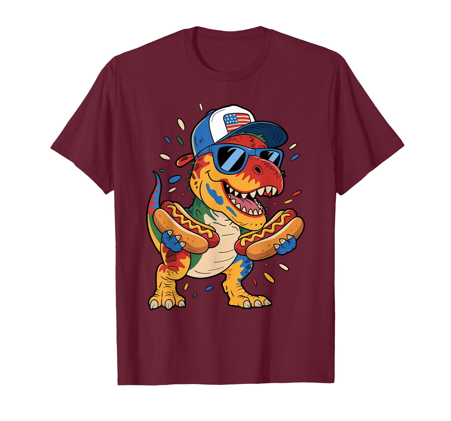 4th of July T Rex Dinosaur Sunglasses Hotdog American Flag T-Shirt for Men Women Kids