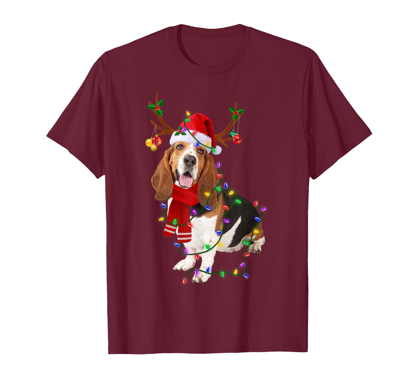 Funny Basset Hound Dog Tree Christmas Lights Xmas Pajama Men Women Kids T-Shirt