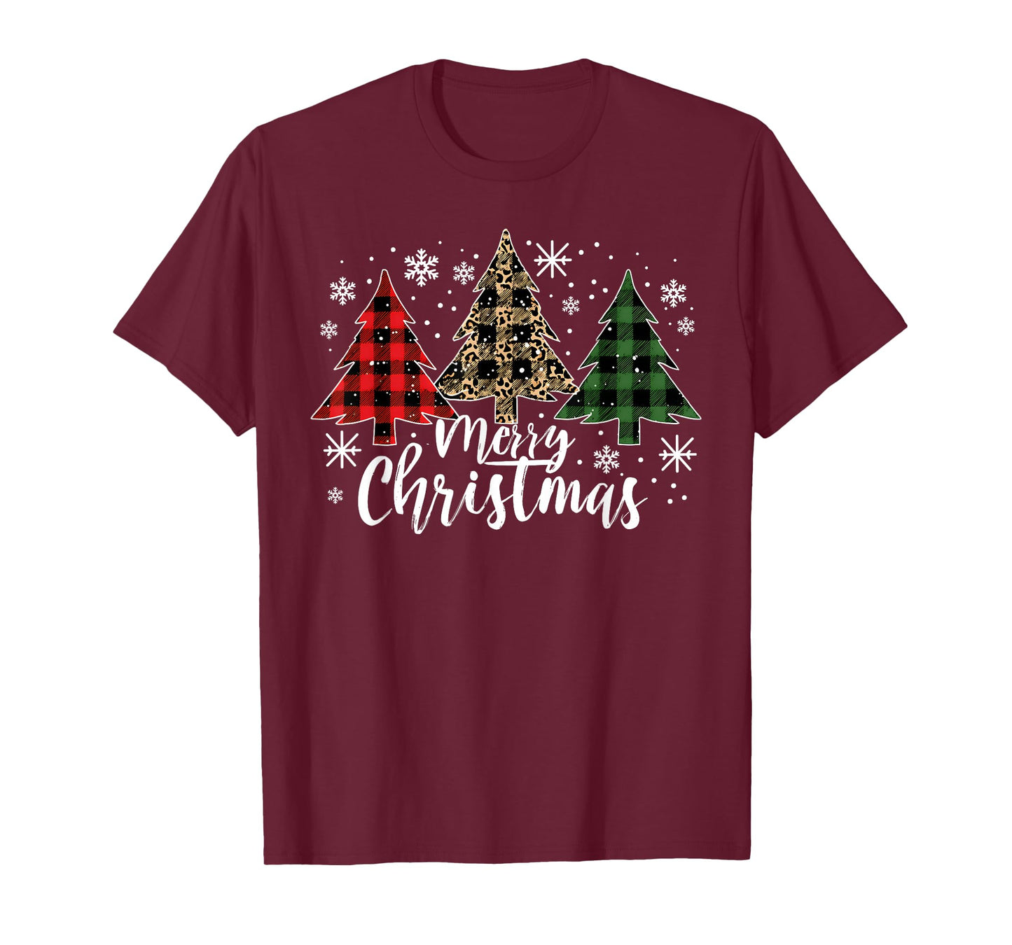 Merry Christmas Tree Buffalo Plaid Red Leopard Green Xmas T-Shirt