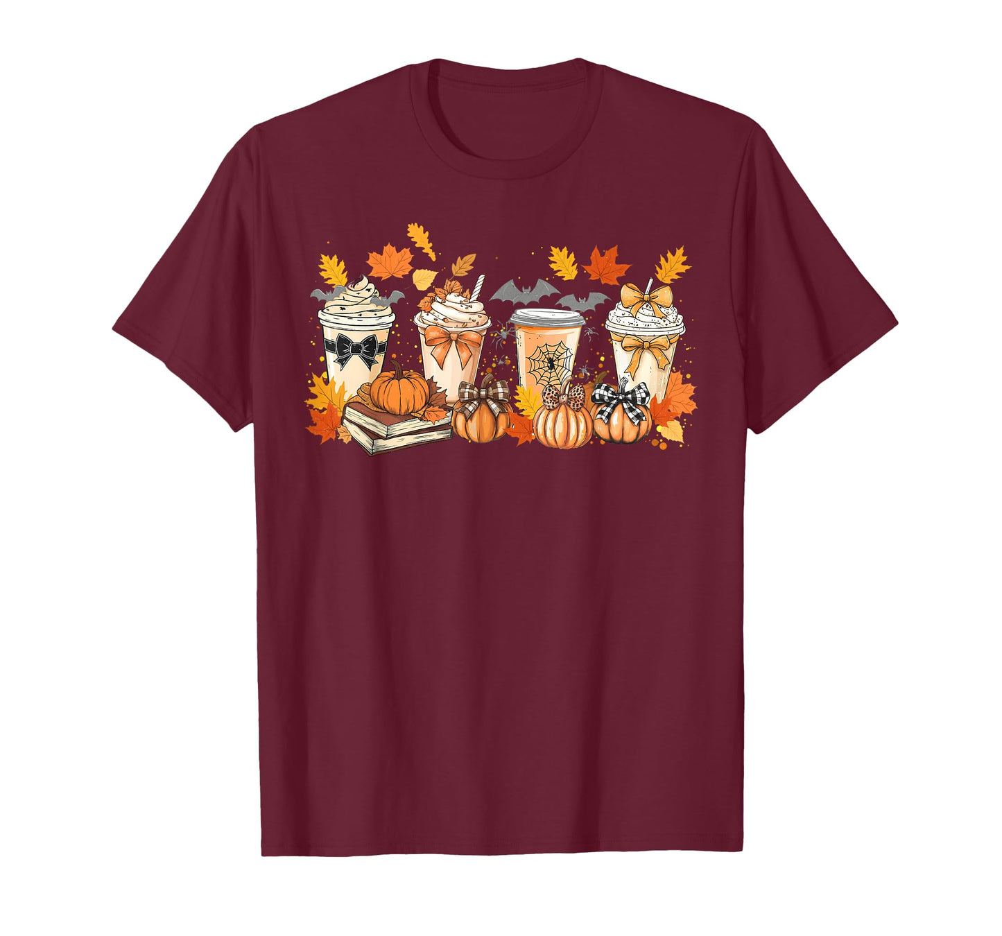 Fall Pumpkin Spice Coffee Latte Bow Book Lover Spooky Season T-Shirt