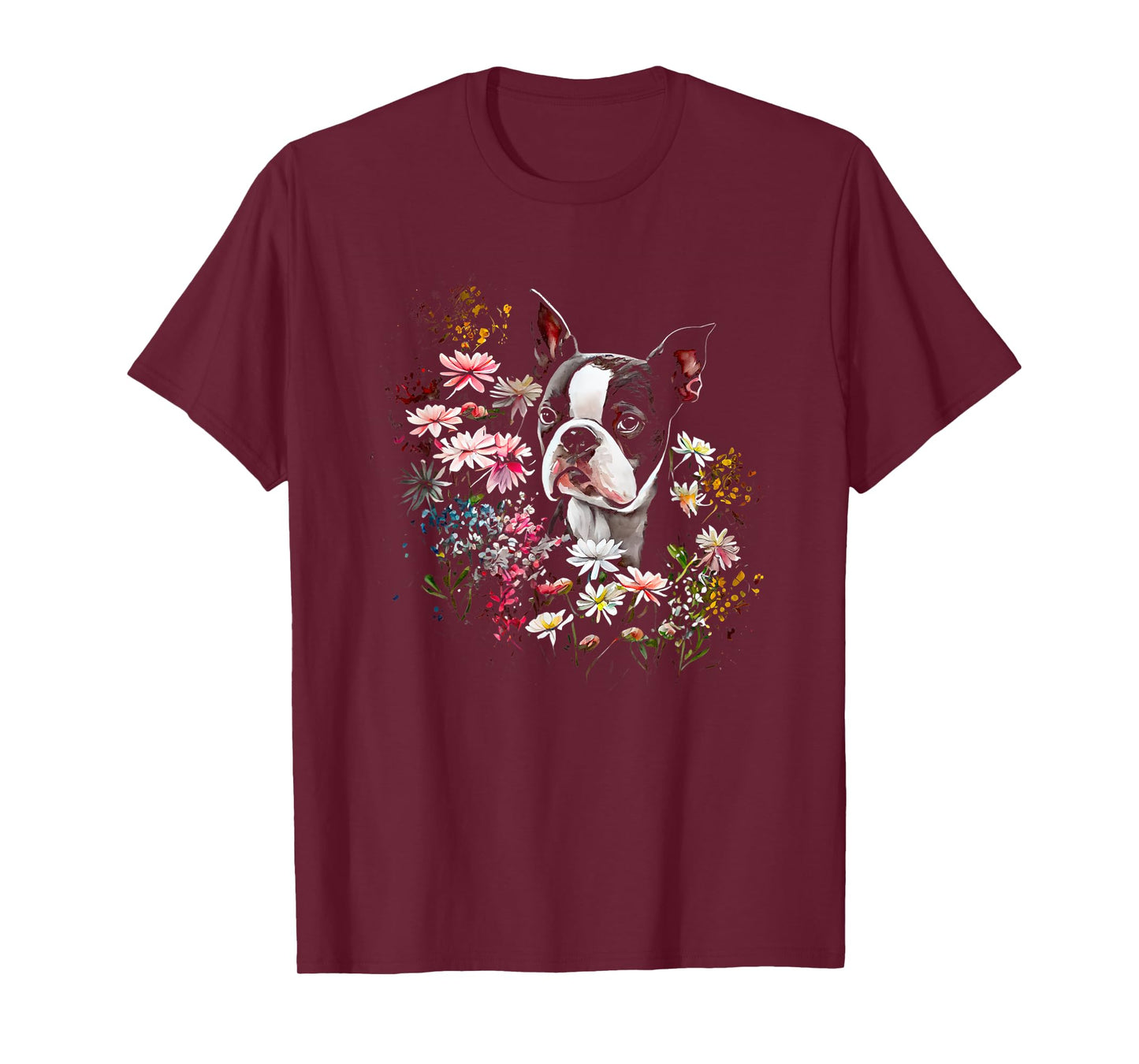 Watercolor Boston Terrier with flowers - Bostie T-Shirt