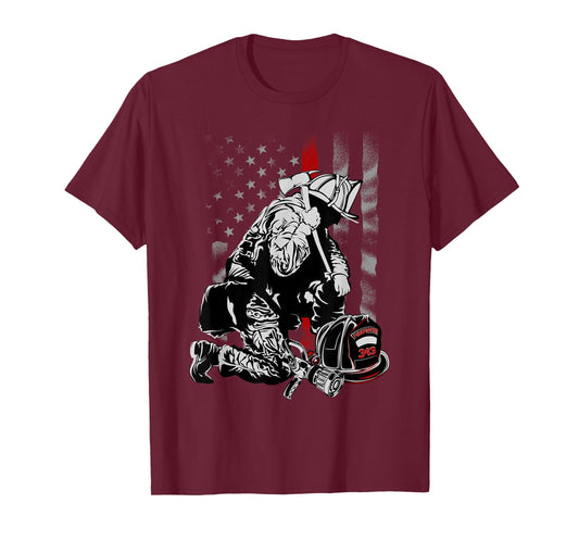 Fallen Fireman American Flag Thin Red Line Firefighter Top T-Shirt Small