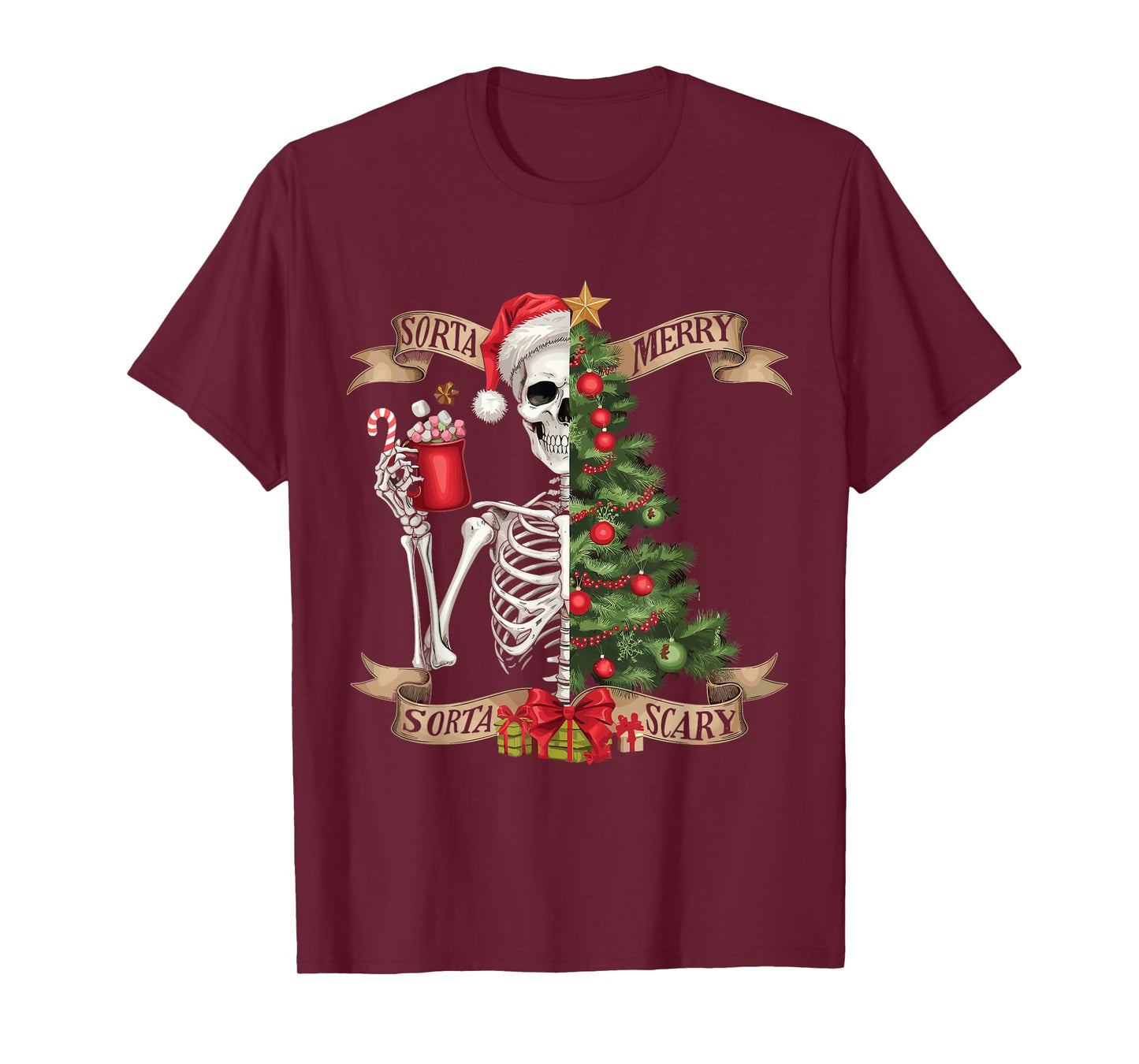 Funny Christmas Skeleton Sorta Merry Sorta Scary Tree Xmas T-Shirt